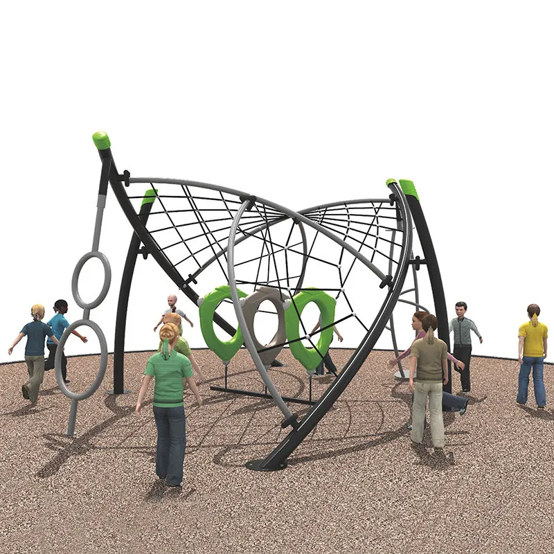 It has a black metal frame and red ropes.