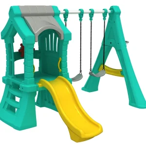 A yellow slide connected to a small playhouse-style structure