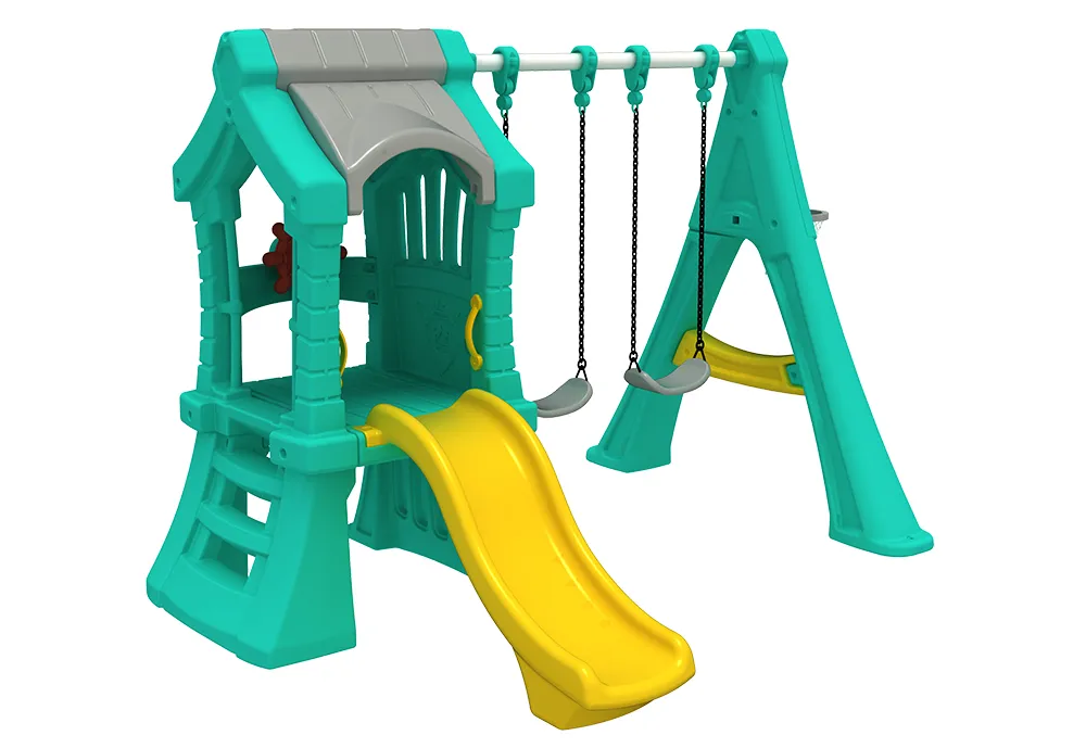 A yellow slide connected to a small playhouse-style structure