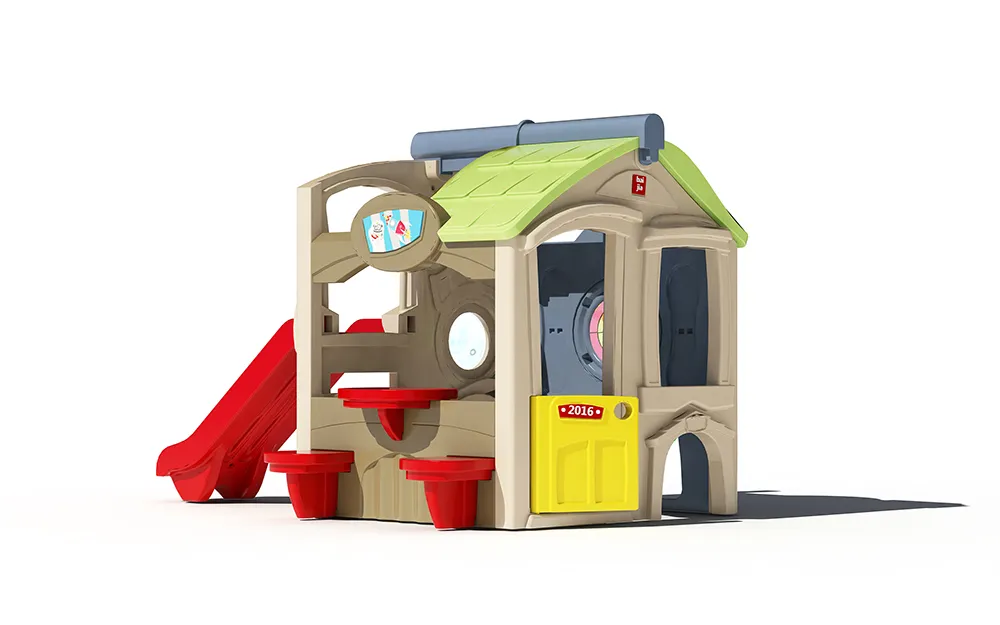 A durable and vibrant plastic playhouse offers kids a safe, Wonderful space